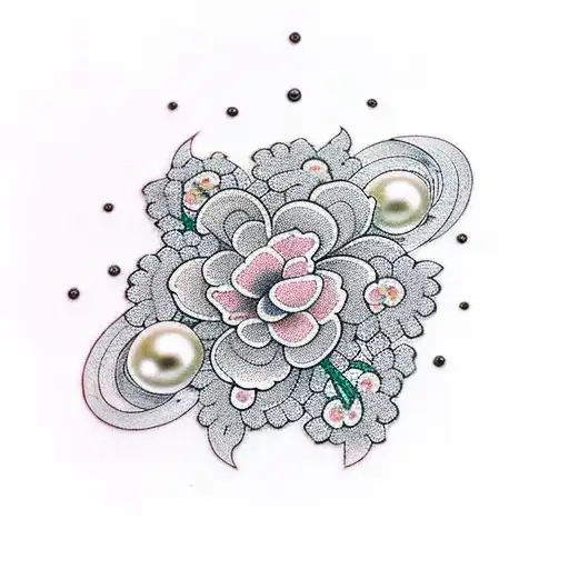 Dainty flowers, cross, feminine with pearls and jewels tattoo design idea