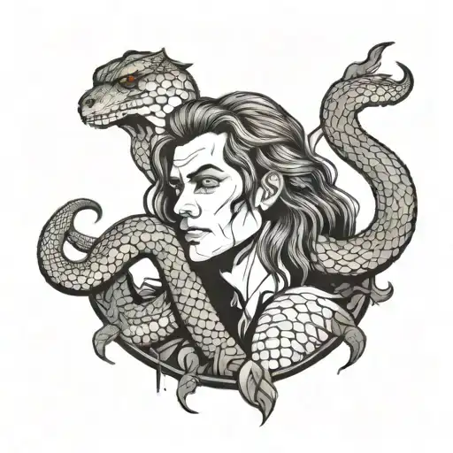 pretty boy with long hair and snake scales tattoo design idea
