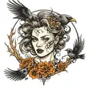 girl with hair of crows tattoo design idea