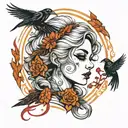 girl with hair of crows tattoo design idea