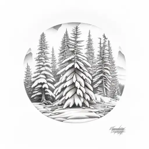 raven, spruce trees, mountains, chickadee on a sleeve tattoo design idea