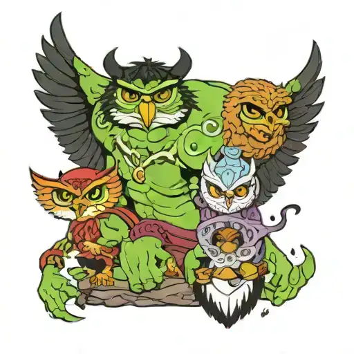 the hulk, an owl, the genie from Aladdin tattoo design idea