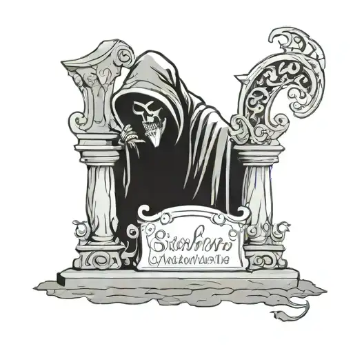 grim reaper with a gravestone engraved with name SMOKIN MIRRORZ with smoke coming off the gravestone  tattoo design idea