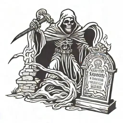 grim reaper with a gravestone engraved with the words SMOKIN MIRRORZ with smoke coming off the gravestone  tattoo design idea