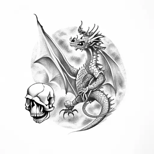 A dragon and a skull in a battle of fire and shadows tattoo design idea