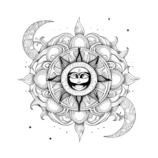 A sun and moon mandala surrounded by intricate floral patterns tattoo design idea