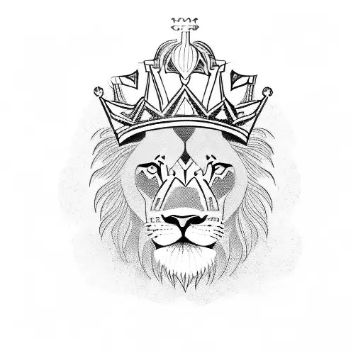 A lion with a crown and a banner that reads a powerful biblical verse tattoo design idea