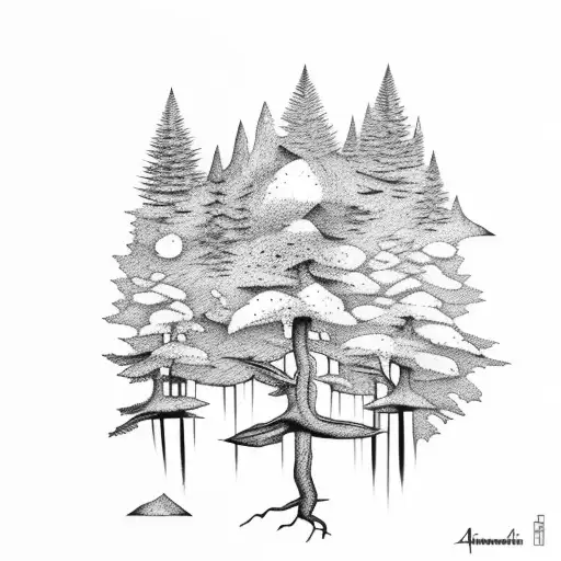 Mountain Scene trees alpine lake tattoo design idea