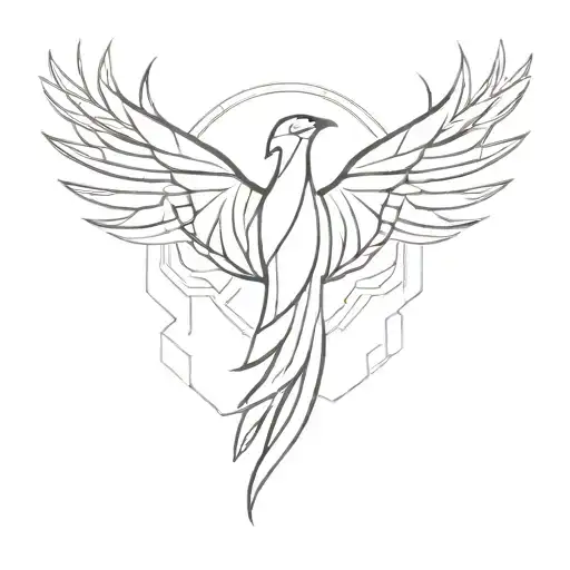 A phoenix rising from the ashes with a geometric pattern incorporated into its wings tattoo design idea