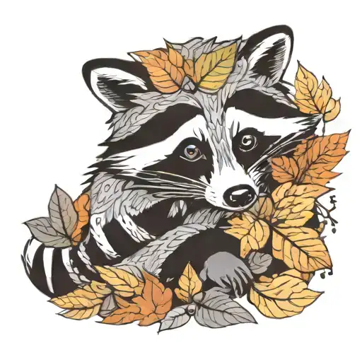 A whimsical raccoon playing in a pile of colorful autumn leaves tattoo design idea