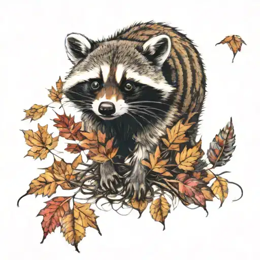 A whimsical raccoon playing in a pile of colorful autumn leaves tattoo design idea