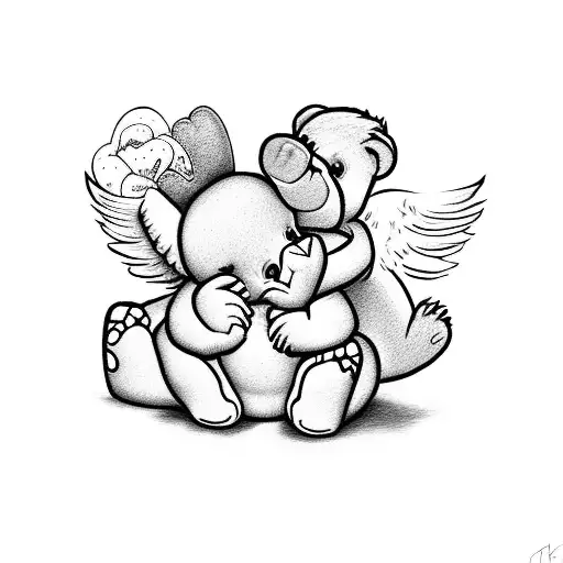 angel baby hugging a care bear tattoo design idea