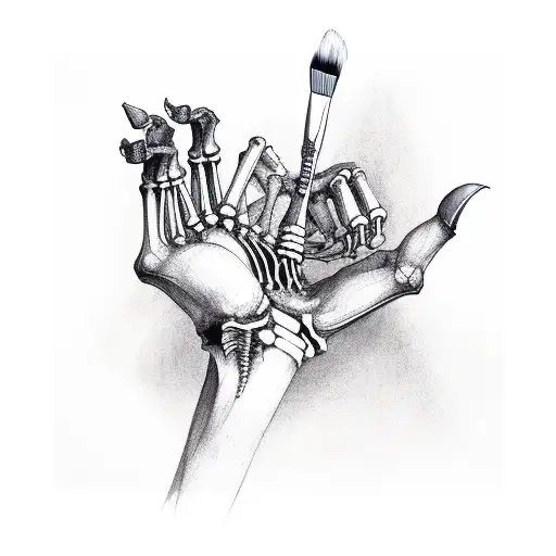 A skeletal hand holding a paintbrush tattoo design idea