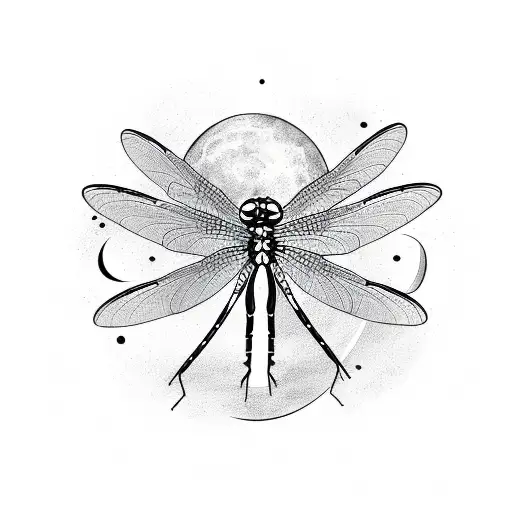 dragonfly with moon and flowers tattoo design idea