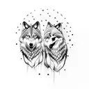 2 wolves howling at moon tattoo design idea