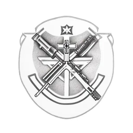military cross, rifle, boots, fighter pilot helmet on top of rifle, breast cancer ribbon tattoo design idea