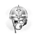 military cross, rifle, boots, fighter pilot helmet on top of rifle, breast cancer ribbon tattoo design idea