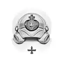 military cross, rifle, boots, fighter pilot helmet on top of rifle, breast cancer ribbon tattoo design idea