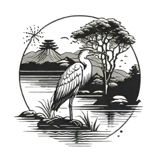 A heron calmly standing in a river while it is raining around him with a japanese landscape in the background. tattoo design idea