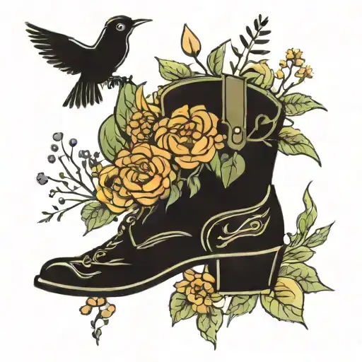 halloween, birds, cowboy boots, wildflowers tattoo design idea