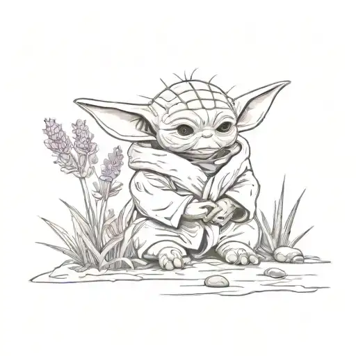 A sketch of a serene garden landscape with baby Yoda meditating under a lavender plant tattoo design idea