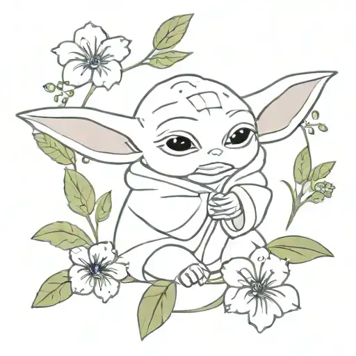 A minimalist design of a baby Yoda surrounded by lavender and hibiscus flowers tattoo design idea