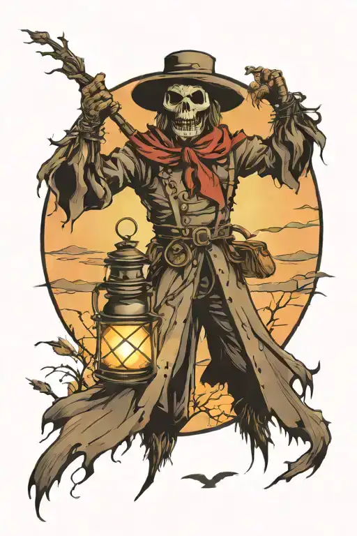 scarecrow holding a lantern in front of sunset scene tattoo design idea