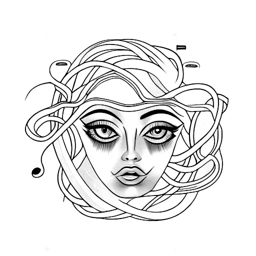 A tattoo of a woman's eyes and lips, exuding strength and allure, with subtle musical notes intertwined tattoo design idea