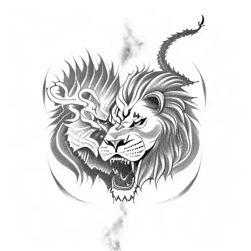 A fierce lion and dragon battling each other tattoo design idea