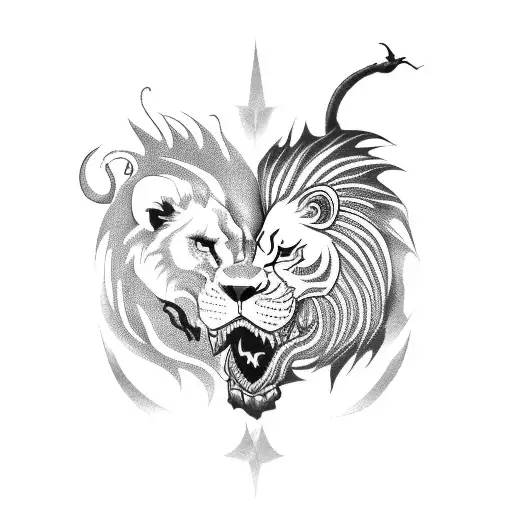 A fierce lion with a heart in its mouth and dragon battling each other tattoo design idea