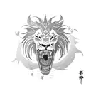 A fierce lion with a heart in its mouth and dragon battling each other tattoo design idea
