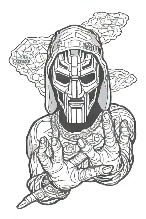 rapper MF Doom holding his hands out with an O shape world with the dates 09-08-2006 and 08-24-2024 as islands  tattoo design idea