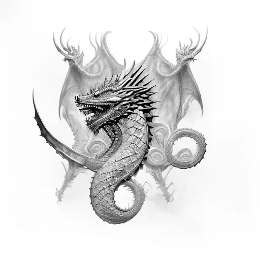 Generate a realistic design for a tattoo featuring three dragons from Game of Thrones. The three dragons should  tattoo design idea