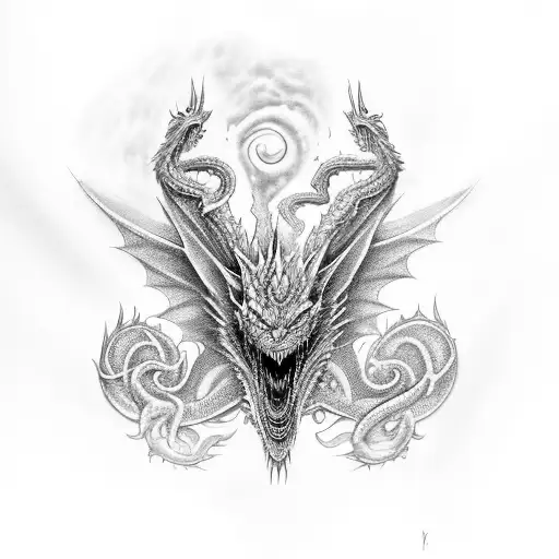Generate a tattoo design inspired by Daenerys Targaryen's dragons from Game of Thrones. The tattoo should prominently fe tattoo design idea