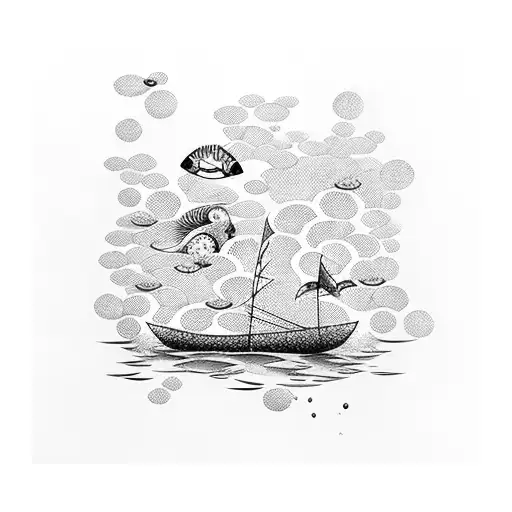 Geisha sailing on a paper boat in a sea of koi fish tattoo design idea