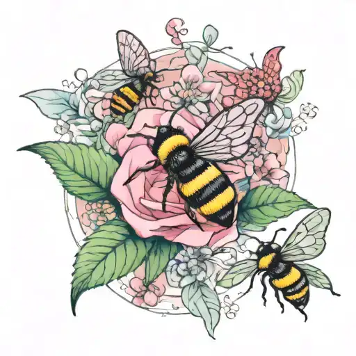 2 bee in pink flower with butterfly creative ,realistic,colorful draw with white markar  tattoo design idea