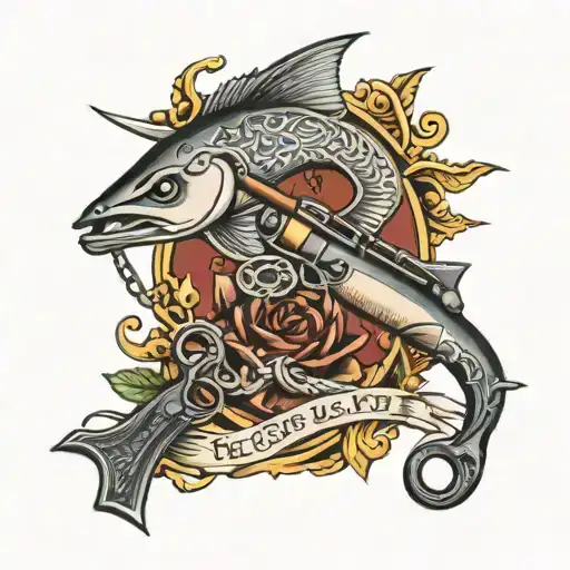 fish hook rifle intertwined tattoo design idea