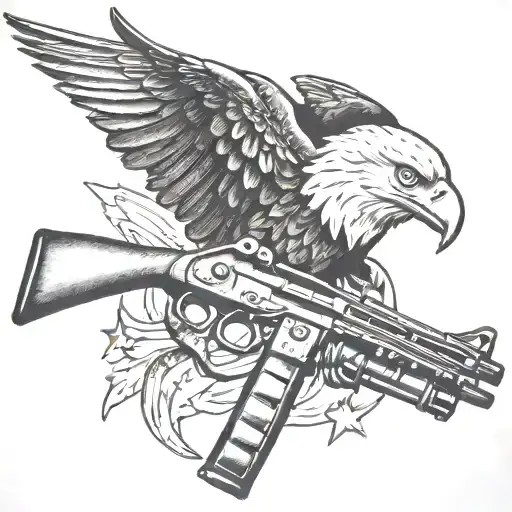 Fish hook, Rifle, american flag, and bald eagle tattoo design idea