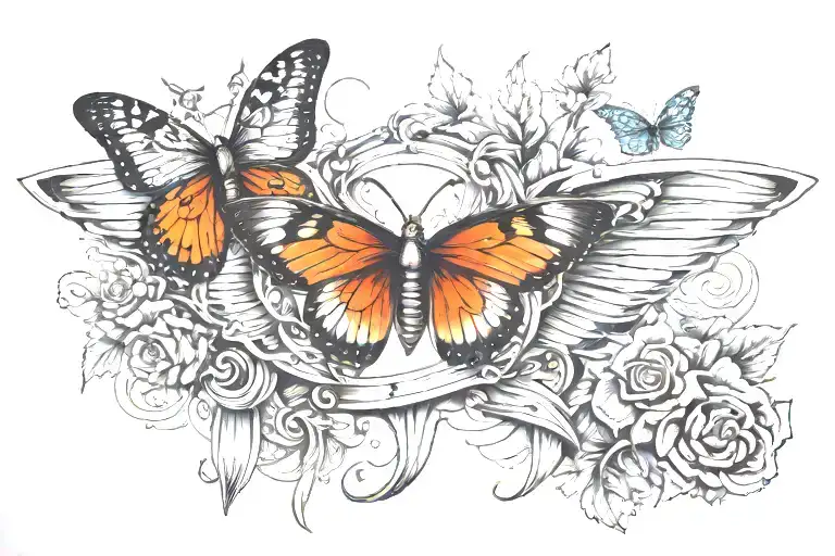 rib cage tattoo with a hole with a butterfly in it leading into a sternum tattoo of a dagger tattoo design idea