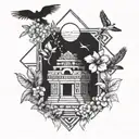 A geometric representation of a Mayan temple surrounded by tropical flowers and birds tattoo design idea
