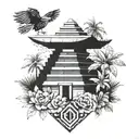 A geometric representation of a Mayan temple surrounded by tropical flowers and birds tattoo design idea