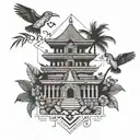 A geometric representation of a Mayan temple surrounded by tropical flowers and birds tattoo design idea