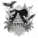 A geometric representation of a Mayan temple surrounded by tropical flowers and birds tattoo design idea