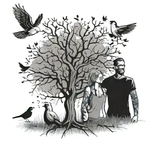 me and my wife standing under a tree with 4 birds in the tree tattoo design idea