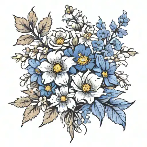 larkspur, chrystehmum, and cosmos bouquet wrapped tattoo design idea
