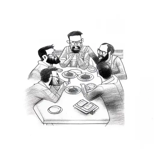 five men around a table eating and drinking tattoo design idea