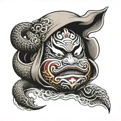 Daruma doll , japanese geisha and dragon wrapped tattoo design idea
