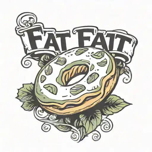 A traditional style tattoo of a heart-shaped donut with ivy leaves and the word 'fat' in a banner tattoo design idea