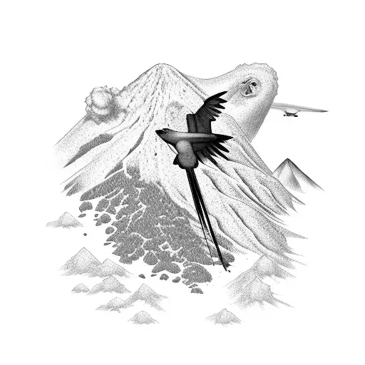 flock of parrots and army helicopter flying over volcanoes, mountains and mango trees  tattoo design idea