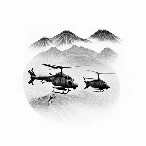 army helicopters flying over volcanoes and mountains  tattoo design idea